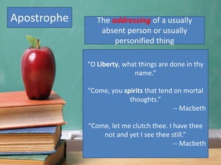 Apostrophe
“O Liberty, what things are done in thy
name.”
“Come, you spirits that tend on mortal
thoughts.”
-- Macbeth
“Come, let me clutch thee. I have thee
not and yet I see thee still.”
-- Macbeth
The addressing of a usually
absent person or usually
personified thing
 
