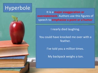 Hyperbole
I nearly died laughing.
You could have knocked me over with a
feather.
I’ve told you a million times.
My backpack weighs a ton.
It is a major exaggeration or
overstatement. Authors use this figures of
speech to emphasize a point or a humor
 