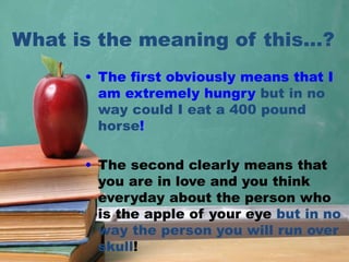 What is the meaning of this…?
• The first obviously means that I
am extremely hungry but in no
way could I eat a 400 pound
horse!
• The second clearly means that
you are in love and you think
everyday about the person who
is the apple of your eye but in no
way the person you will run over
skull!
 