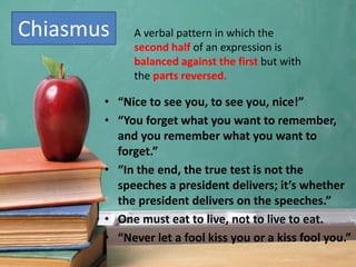 Chiasmus A verbal pattern in which the
second half of an expression is
balanced against the first but with
the parts reversed.
• “Nice to see you, to see you, nice!”
• “You forget what you want to remember,
and you remember what you want to
forget.”
• “In the end, the true test is not the
speeches a president delivers; it’s whether
the president delivers on the speeches.”
• One must eat to live, not to live to eat.
• “Never let a fool kiss you or a kiss fool you.”
 