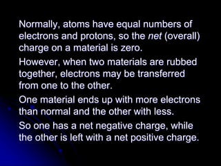 Normally, atoms have equal numbers of
electrons and protons, so the net (overall)
charge on a material is zero.
However, when two materials are rubbed
together, electrons may be transferred
from one to the other.
One material ends up with more electrons
than normal and the other with less.
So one has a net negative charge, while
the other is left with a net positive charge.
 