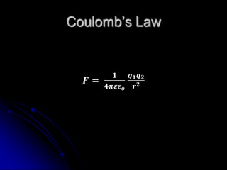 Coulomb’s Law
𝑭 =
𝟏
𝟒𝝅𝜺𝜺 𝒐
𝒒 𝟏 𝒒 𝟐
𝒓 𝟐
 