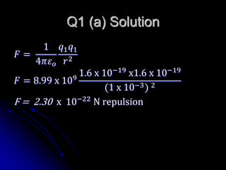 Q1 (a) Solution
𝐹 =
1
4𝜋𝜀 𝑜
𝑞1 𝑞1
𝑟2
𝐹 = 8.99 x 109
1.6 x 10−19
x1.6 x 10−19
(1 x 10−3) 2
F = 2.30 x 10−22
N repulsion
 
