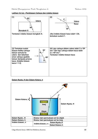 Modul Pengajaran Fizik Tingkatan 4 Tahun 2013
Cikgu Khairul Anuar. SMK Seri Mahkota, Kuantan. 13
Latihan 5.2 (a) : Pembiasan Cahaya dan indeks biasan
(1)
Tentukan indeks biasan bongkah X.
(2)
Jika indeks biasan kaca ialah 1.54,
tentukan sudut .
(3) Tentukan sudut
biasan ketika cahaya
keluar semula ke
udara dan lakarkan
sinar cahaya apabila
keluar daripada prisma
kaca. (Indeks biasan
kaca = 1.5)
(4) Laju cahaya dalam udara ialah 3 x 108
ms-1 dan laju cahaya dalam kaca ialah
2 x 108 ms-1.
Tentukan indeks biasan kaca.
Dalam Nyata, H dan Dalam Ketara, h
Dalam Nyata , H Diukur dari permukaan air ke objek
Dalam Ketara, h Diukur dari permukaan air ke imej
Indeks biasan, n
hKetara,Dalam
HNyata,Dalam
biasan,Indeks n
Dalam Nyata, H
Dalam Ketara, h
Objek
Imej
Bongkah X
Udara
40
45
60
30
Kaca
Udara
30

 