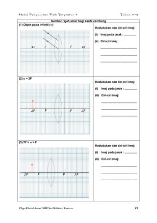 Modul Pengajaran Fizik Tingkatan 4 Tahun 2013
Cikgu Khairul Anuar. SMK Seri Mahkota, Kuantan. 21
Gambar rajah sinar bagi kanta cembung
(1) Objek pada infiniti ()
Kedudukan dan ciri-ciri imej:
(i) Imej pada jarak : ...............
(ii) Ciri-ciri imej:
.............................................
.............................................
.............................................
(2) u = 2F
Kedudukan dan ciri-ciri imej:
(i) Imej pada jarak : ...............
(ii) Ciri-ciri imej:
............................................
.............................................
.............................................
(3) 2F > u > F
Kedudukan dan ciri-ciri imej:
(i) Imej pada jarak : ...............
(ii) Ciri-ciri imej:
............................................
.............................................
.............................................
F F 2F2F
F F 2F2F
F F 2F2F
 