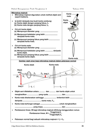 Modul Pengajaran Fizik Tingkatan 4 Tahun 2013
Cikgu Khairul Anuar. SMK Seri Mahkota, Kuantan. 26
Mikroskop majmuk
 Mikroskop majmuk digunakan untuk melihat objek seni
seperti bakteria.
 Ia terdiri daripada dua buah kanta cembung:
(a) Kanta objek dengan panjang fokus, fo
(b) Kanta mata dengan panjang fokus, fm.
 Ciri-ciri kanta objek:
(a) Mempunyai diameter yang ....................................
(b) Mempunyai ketebalan yang lebih .........................
daripada kanta mata.
(c) Mempunyai panjang fokus yang lebih ......................
daripada kanta mata.
 Ciri-ciri kanta mata:
(a) Mempunyai diameter yang ................................
(b) Mempunyai ketebalan yang lebih ................ daripada
kanta objek.
(c) Mempunyai panjang fokus yang lebih ........................
daripada kanta objek.
Kanta objek
Kanta mata
Gambar rajah sinar bagi mikroskop majmuk dalam pelarasan normal
 Objek seni diletakkan antara ............ dan ............ dari kanta objek untuk
menghasilkan ....................... yang nyata, .......................... dan .................................
 Kanta mata diselaraskan sehingga ......................... terbentuk lebih ..........................
daripada ...................................... kanta mata, Fm.
 Kanta mata berfungsi sebagai ...................................... untuk menghasilkan
..................................... yang maya, ..................................... dan ...................................
 Pembesaran linear, M bagi mikroskop majmuk dihitung menggunakan rumus:
Pembesaran linear, M =
o
i
hobjek,Tinggi
himej,Tinggi
 Pelarasan normal bagi sebuah mikroskop majmuk > fo + fm.
Fo2Fo
Fo Fm Fm
Objek
seni
Kanta objek Kanta mata
fo fm
Imej 1
Imej 2
Kanta
mata
Kanta
objek
 