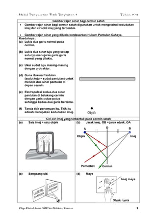 Modul Pengajaran Fizik Tingkatan 4 Tahun 2013
Cikgu Khairul Anuar. SMK Seri Mahkota, Kuantan. 3
Gambar rajah sinar bagi cermin satah
 Gambar rajah sinar bagi cermin satah digunakan untuk mengetahui kedudukan
imej dan ciri-ciri imej yang terbentuk.
 Gambar rajah sinar yang dilukis berdasarkan Hukum Pantulan Cahaya.
Kaedahnya :
(a) Lukis dua garis normal pada
cermin.
(b) Lukis dua sinar tuju yang setiap
satunya menuju ke garis garis
normal yang dilukis.
(c) Ukur sudut tuju masing-masing
dengan protraktor.
(d) Guna Hukum Pantulan
(sudut tuju = sudut pantulan) untuk
melukis dua sinar pantulan di
depan cermin.
(e) Ekstrapolasi kedua-dua sinar
pantulan di belakang cermin
dengan garis putus-putus
sehingga kedua-dua garis bertemu.
(f) Tanda titik pertemuan itu. Titik itu
adalah merupakan kedudukan imej.
Ciri-ciri imej yang terbentuk pada cermin satah
(a) Saiz imej = saiz objek (b) Jarak imej, OB = jarak objek, OA
(c) Songsang sisi (d) Maya
Objek Imej
A BO
Pemerhati Cermin
Objek nyata
Imej maya
 