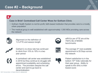 ©2017 Advisory Board • All Rights Reserved • advisory.com
11
Case #2 – Background
Case in Brief: Centralized Call Center Woes for Gotham Clinic
• Gotham Health System is not-for-profit, faith-based institution that provides care to a mostly
urban population
• The medical group is well established with approximately 1,500 MDs providing care across
the network
Alignment on the definition of
1.0 cFTE and session length
wRVUs per cFTE are at the
75th% tile of MGMA
benchmarks
A centralized call center was established
in 2016 but they continue to struggle with
appointment availability and scheduling
errors. The providers despise the call
center and want to go back to
decentralization
Patient satisfaction is in the
bottom 10th %tile nationally for
their peer group. Ability to
speak to the clinic is their
lowest score
Gotham’s no show rate has continued
to climb from 10% to 19% in a two
year period
The average 3rd next available
appointment is 55 Days across
the network
 