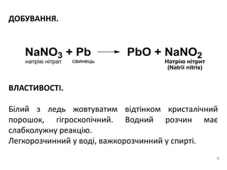 ДОБУВАННЯ.
ВЛАСТИВОСТІ.
Білий з ледь жовтуватим відтінком кристалічний
порошок, гігроскопічний. Водний розчин має
слабколужну реакцію.
Легкорозчинний у воді, важкорозчинний у спирті.
5
NaNO3 + Pb PbO + NaNO2
натрію нітрат свинець Натрію нітрит
(Natrii nitris)
 