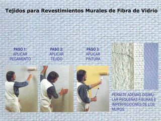 PERMITE ADEMÁS DISIMU-
LAR PEQUEÑAS FISURAS E
IMPERFECCIONES DE LOS
MUROS.
PASO 1:
APLICAR
PEGAMENTO
PASO 2:
APLICAR
TEJIDO
PASO 3:
APLICAR
PINTURA
Tejidos para Revestimientos Murales de Fibra de Vidrio
 