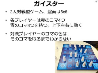 ガイスター
15
• 2人対戦型ゲーム、盤面は6x6
• 各プレイヤーは赤のコマ4つ
青のコマ4つを持つ。上下左右に動く
• 対戦プレイヤーのコマの色は
そのコマを取るまでわからない
 