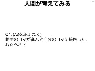 人間が考えてみる
Q4: (A3をふまえて)
相手のコマが進んで自分のコマに接触した。
取るべき？
25
 