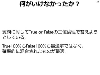 何がいけなかったか？
質問に対してTrue or Falseの二値論理で答えよう
としている。
True100%もFalse100%も最適解ではなく、
確率的に混合されたものが最適。
28
 