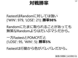 対戦勝率
FastestはRandomに対しては強い
{‘WIN’: 979, ‘LOSE’: 21}: 勝率98%
Randomにたまに取られることがあっても
無策なRandomよりはだいぶマシだから。
一方FastestとPOMCPだと
{‘LOSE’: 95, ‘WIN’: 5}: 勝率5%
Fastestは行動から色がバレバレだから。
37
後者の実験に24分掛かる
 