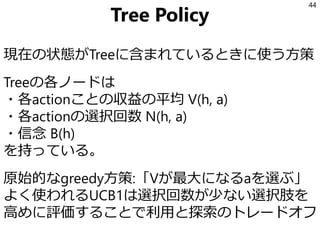 Tree Policy
現在の状態がTreeに含まれているときに使う方策
Treeの各ノードは
・各actionことの収益の平均 V(h, a)
・各actionの選択回数 N(h, a)
・信念 B(h)
を持っている。
原始的なgreedy方策:「Vが最大になるaを選ぶ」
よく使われるUCB1は選択回数が少ない選択肢を
高めに評価することで利用と探索のトレードオフ
44
 