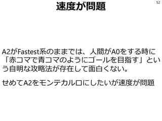 速度が問題
A2がFastest系のままでは、人間がA0をする時に
「赤コマで青コマのようにゴールを目指す」とい
う自明な攻略法が存在して面白くない。
せめてA2をモンテカルロにしたいが速度が問題
52
 