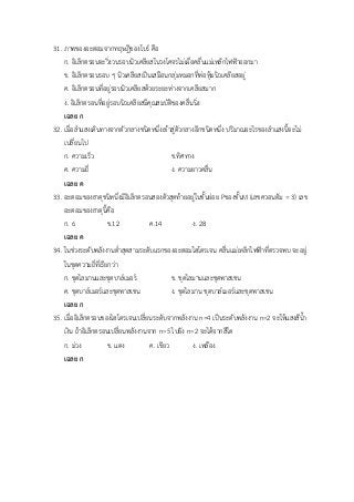 31. ภาพของอะตอมจากทฤษฎีของโบร์ คือ
ก. อิเล็กตรอนจะวิ่งวนรอบนิวเคลียสในวงโคจรไม่เผื่อคลื่นแม่เหล็กไฟฟ้าออกมา
ข. อิเล็กตรอนรอบ ๆ นิวเคลียสเป็นเสมือนกลุ่มหมอกที่ห่อหุ้มนิวเคลียสอยู่
ค. อิเล็กตรอนที่อยู่รอบนิวเคลียสด้วยระยะห่างจากเคลียสมาก
ง. อิเล็กตรอนที่อยู่รอบนิวเคลียสมีคุณสมบัติของคลื่นนิ่ง
เฉลย ก
32. เมื่อลาแสงเดินทางจากตัวกลางชนิดหนึ่งเข้าสู่ตัวกลางอีกชนิดหนึ่ง ปริมาณอะไรของลาแสงนี้จะไม่
เปลี่ยนไป
ก. ความเร็ว ข.ทิศทาง
ค. ความถี่ ง. ความยาวคลื่น
เฉลย ค
33. อะตอมของธาตุชนิหนึ่งมีอิเล็กตรอนสองตัวสุดท้ายอยู่ในชั้นย่อย Pของชั้นM (เลขควอนตัม = 3) เลข
อะตอมของธาตุนี้คือ
ก. 6 ข.12 ค.14 ง. 28
เฉลย ค
34. ในช่วงระดับพลังงานต่าสุดสามระดับแรกของอะตอมไฮโดรเจน คลื่นแม่เหล็กไฟฟ้าที่ตรวจพบ จะอยู่
ในชุดความถี่ที่เรียกว่า
ก. ชุดไลมานและชุดบาล์เมอร์ ข. ชุดไลมานและชุดพาสเชน
ค. ชุดบาล์เมอร์และชุดพาสเชน ง. ชุดไลมาน ชุดบาล์เมอร์และชุดพาสเชน
เฉลย ก
35. เมื่ออิเล็กตรอนของไฮโดรเจนเปลี่ยนระดับจากพลังงาน n=4 เป็นระดับพลังงาน n=2 จะให้แสงสีน้า
เงิน ถ้าอิเล็กตรอนเปลี่ยนพลังงานจาก n=5 ไปยัง n=2 จะได้จากสีใด
ก. ม่วง ข. แดง ค. เขียว ง. เหลือง
เฉลย ก
 