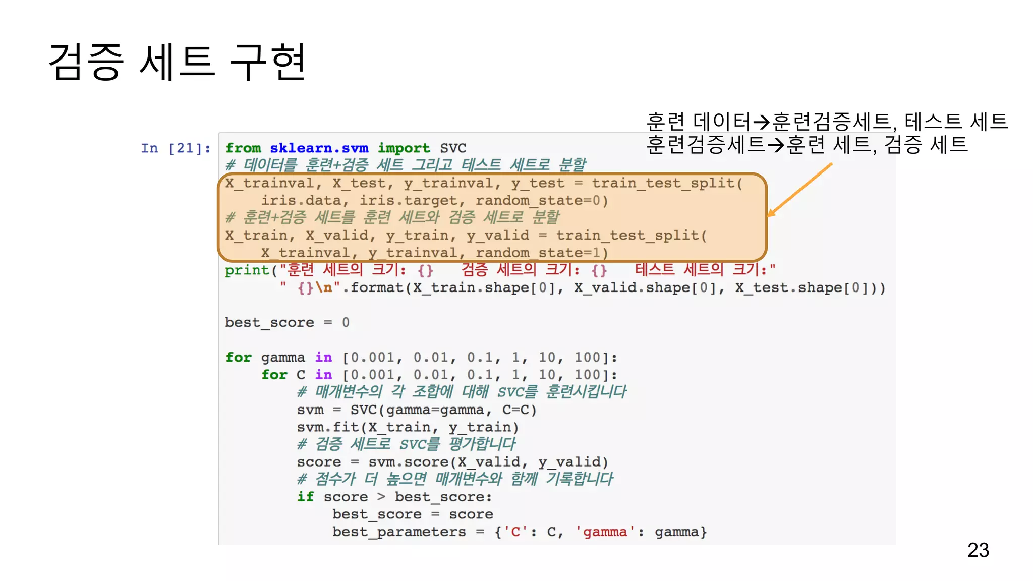 검증 세트 구현
23
훈련 데이터à훈련검증세트, 테스트 세트
훈련검증세트à훈련 세트, 검증 세트
 