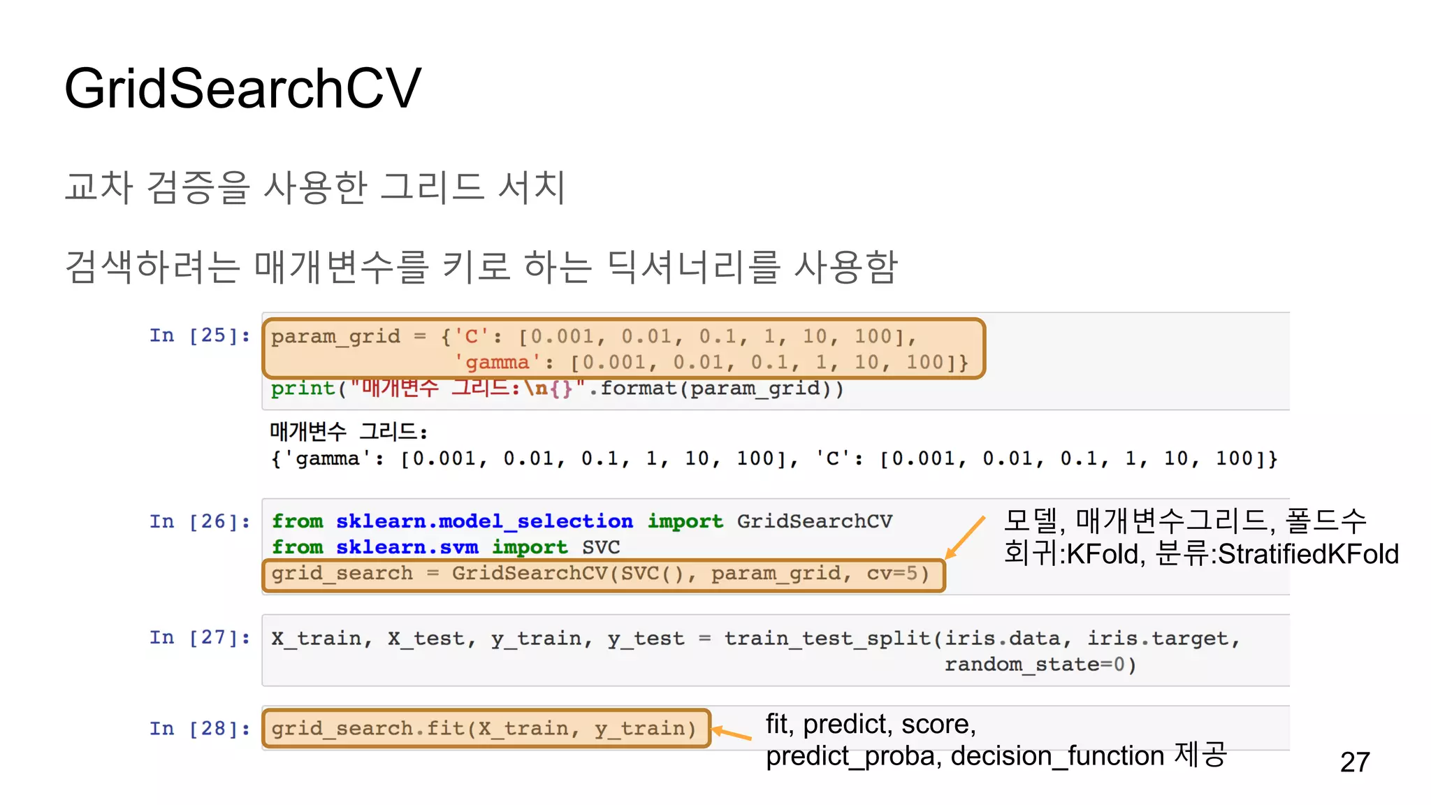 GridSearchCV
교차 검증을 사용한 그리드 서치
검색하려는 매개변수를 키로 하는 딕셔너리를 사용함
27
모델, 매개변수그리드, 폴드수
회귀:KFold, 분류:StratifiedKFold
fit, predict, score,
predict_proba, decision_function 제공
 