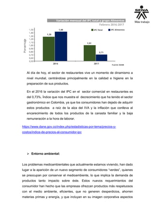 Al día de hoy, el sector de restaurantes vive un momento de dinamismo a
nivel mundial, centrándose principalmente en la calidad e higiene en la
preparación de sus productos.
En el 2016 la variación del IPC en el sector comercial en restaurantes es
del 0,73%. Índice que nos muestra el decrecimiento que ha tenido el sector
gastronómico en Colombia, ya que los consumidores han dejado de adquirir
estos productos a raíz de la alza del IVA y la inflación que conlleva al
encarecimiento de todos los productos de la canasta familiar y la baja
remuneración a la hora de laborar.
https://www.dane.gov.co/index.php/estadisticas-por-tema/precios-y-
costos/indice-de-precios-al-consumidor-ipc
 Entorno ambiental:
Los problemas medioambientales que actualmente estamos viviendo, han dado
lugar a la aparición de un nuevo segmento de consumidores “verdes”, quienes
se preocupan por conservar el medioambiente, lo que implica la demanda de
productos tanto impacto sobre éste. Estos nuevos requerimientos del
consumidor han hecho que las empresas ofrezcan productos más respetuosos
con el medio ambiente, eficientes, que no generen desperdicios, ahorren
materias primas y energía, y que incluyan en su imagen corporativa aspectos
 