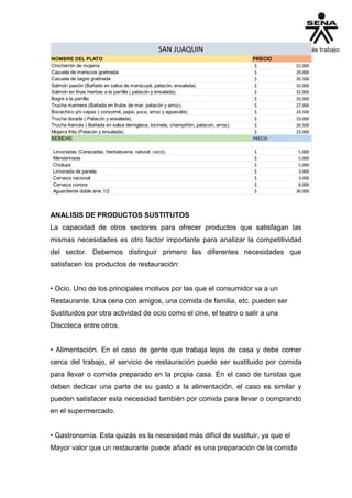 NOMBRE DEL PLATO PRECIO
Chicharrón de mojarra 22.000$
Cazuela de mariscos gratinada 29.000$
Cazuela de bagre gratinada 26.500$
Salmón pasión (Bañado en salsa de maracuyá, patacón, ensalada). 32.000$
Salmón en finas hierbas a la parrilla ( patacón y ensalada). 32.000$
Bagre a la parrilla 25.000$
Trucha marinera (Bañada en frutos de mar, patacón y arroz). 27.000$
Bocachico y/o capaz ( consomé, papa, yuca, arroz y aguacate). 24.500$
Trucha dorada ( Patacón y ensalada). 23.000$
Trucha francés ( Bañada en salsa demiglace, tocineta, champiñón, patacón, arroz). 26.500$
Mojarra frita (Patacón y ensalada). 23.000$
BEBIDAS PRECIO
Limonadas (Cerezadas, hierbabuena, natural, coco). 5.000$
Mandarinada 5.000$
Cholupa 5.000$
Limonada de panela 3.000$
Cerveza nacional 3.000$
Cerveza corona 8.000$
Aguardiente doble anis 1/2 30.000$
SAN JUAQUIN
ANALISIS DE PRODUCTOS SUSTITUTOS
La capacidad de otros sectores para ofrecer productos que satisfagan las
mismas necesidades es otro factor importante para analizar la competitividad
del sector. Debemos distinguir primero las diferentes necesidades que
satisfacen los productos de restauración:
• Ocio. Uno de los principales motivos por las que el consumidor va a un
Restaurante. Una cena con amigos, una comida de familia, etc. pueden ser
Sustituidos por otra actividad de ocio como el cine, el teatro o salir a una
Discoteca entre otros.
• Alimentación. En el caso de gente que trabaja lejos de casa y debe comer
cerca del trabajo, el servicio de restauración puede ser sustituido por comida
para llevar o comida preparado en la propia casa. En el caso de turistas que
deben dedicar una parte de su gasto a la alimentación, el caso es similar y
pueden satisfacer esta necesidad también por comida para llevar o comprando
en el supermercado.
• Gastronomía. Esta quizás es la necesidad más difícil de sustituir, ya que el
Mayor valor que un restaurante puede añadir es una preparación de la comida
 