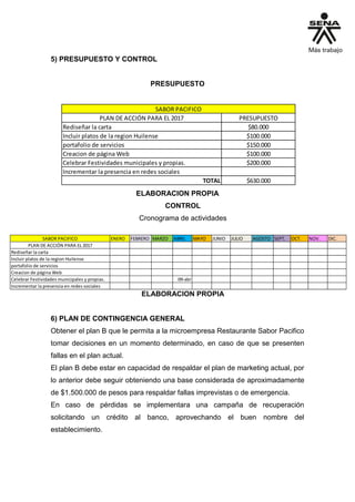 5) PRESUPUESTO Y CONTROL
PRESUPUESTO
PLAN DE ACCIÓN PARA EL 2017 PRESUPUESTO
Rediseñar la carta $80.000
Incluir platos de la region Huilense $100.000
portafolio de servicios $150.000
Creacion de página Web $100.000
Celebrar Festividades municipales y propias. $200.000
Incrementar la presencia en redes sociales
TOTAL $630.000
SABOR PACIFICO
ELABORACION PROPIA
CONTROL
Cronograma de actividades
ELABORACION PROPIA
6) PLAN DE CONTINGENCIA GENERAL
Obtener el plan B que le permita a la microempresa Restaurante Sabor Pacifico
tomar decisiones en un momento determinado, en caso de que se presenten
fallas en el plan actual.
El plan B debe estar en capacidad de respaldar el plan de marketing actual, por
lo anterior debe seguir obteniendo una base considerada de aproximadamente
de $1.500.000 de pesos para respaldar fallas imprevistas o de emergencia.
En caso de pérdidas se implementara una campaña de recuperación
solicitando un crédito al banco, aprovechando el buen nombre del
establecimiento.
SABOR PACIFICO ENERO FEBRERO MARZO ABRIL MAYO JUNIO JULIO AGOSTO SEPT. OCT. NOV. DIC.
PLAN DE ACCIÓN PARA EL 2017
Rediseñar la carta
Incluir platos de la region Huilense
portafolio de servicios
Creacion de página Web
Celebrar Festividades municipales y propias. 09-abr
Incrementar la presencia en redes sociales
 