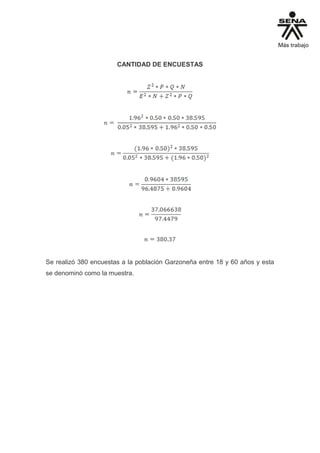 CANTIDAD DE ENCUESTAS
Se realizó 380 encuestas a la población Garzoneña entre 18 y 60 años y esta
se denominó como la muestra.
 