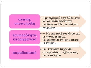 • Η μητέρα μού είχε δώσει ένα
κλωνί βασιλικό να τον
μυρίζουμαι, λέει, να παίρνω
κουράγιο
αγάπη,
υποστήριξη
• — Με την ευκή του Θεού και
με την ευκή μου…,
μουρμούρισε και με κοίταξε
με καμάρι.
τρυφερότητα,
υπερηφάνεια
• μου κρέμασε το χρυσό
σταυρουλάκι της βάφτισής
μου στο λαιμό
παραδοσιακή
 