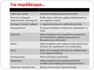 Για παράδειγμα…
Απλό, λιτό, οικείο Λεξιλόγιο καθηµερινό και κατανοητό,
Ζωντανό, γλαφυρό,
παραστατικό, λογοτεχνικό
Ευθύς λόγος, διάλογος, χρήση παραδειγµάτων
και σχηµάτων λόγου
Επίσηµο/ τυπικό/ σοβαρό γ΄ ρηµατικό πρόσωπο, παθητική σύνταξη
Χιουµοριστικό Το κείµενο περιέχει στοιχεία που προκαλούν το
γέλιο.
Ειρωνικό Λέξεις ή φράσεις που κοροϊδεύουν πρόσωπα
και καταστάσεις, χρήση εισαγωγικών ή
θαυµαστικών, υπαινιγµοί.
Λαϊκό Λέξεις ή φράσεις που ανήκουν στην αργκό, στη
γλώσσα του περιθωρίου ή σε διαλέκτους.
Λόγιο Λέξεις που προέρχονται από την καθαρεύουσα
ή την αρχαία ελληνική.
Επιστημονικό Ειδικό λεξιλόγιο (ορολογία).
Προφορικό Λέξεις ή φράσεις που χρησιµοποιούνται
συνήθως στον καθηµερινό προφορικό λόγο.
Διδακτικό, προτρεπτικό Χρήση υποτακτικής ή προστακτικής.
 