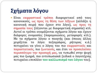 Σχήματα λόγου
 Είναι εκφραστικοί τρόποι διαφορετικοί από τους
κανονικούς, ως προς τη θέση των λέξεων (αλλάζει η
κανονική σειρά που έχουν στο λόγο), ως προς τη
σημασία τους (λέγονται με διαφορετική σημασία) κτλ.
Αυτοί οι τρόποι ονομάζονται σχήματα λόγου και έχουν
διάφορες ονομασίες (παρομοιώσεις, μεταφορές κτλ.).
Με τα σχήματα λόγου ο ποιητής (και όποιος άλλος
χειρίζεται το λόγο: πεζογράφος, ρήτορας κ.ά.)
πετυχαίνει να γίνει ο λόγος του πιο εκφραστικός και
παραστατικός, πιο ζωντανός, και έτσι να προσελκύσει
περισσότερο την προσοχή μας, να τυπωθεί στην ψυχή
μας πιο ζωηρά, πιο εντυπωσιακά (ειδικά ο λογοτέχνης
πετυχαίνει επιπλέον τον καλλωπισμό του λόγου του).
 