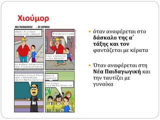 Χιούμορ
 όταν αναφέρεται στο
δάσκαλο της α΄
τάξης και τον
φαντάζεται με κέρατα
 Όταν αναφέρεται στη
Νέα Παιδαγωγική και
την ταυτίζει με
γυναίκα
 