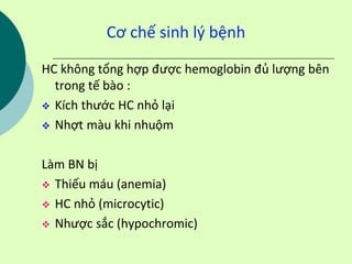 Cơ chế sinh lý bệnh
HC không tổng hợp được hemoglobin đủ lượng bên
trong tế bào :
 Kích thước HC nhỏ lại
 Nhợt màu khi nhuộm
Làm BN bị
 Thiếu máu (anemia)
 HC nhỏ (microcytic)
 Nhược sắc (hypochromic)
 