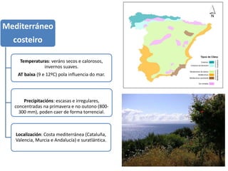 Mediterráneo
costeiro
Temperaturas: veráns secos e calorosos,
invernos suaves.
AT baixa (9 e 12ºC) pola influencia do mar.
Precipitacións: escasas e irregulares,
concentradas na primavera e no outono (800-
300 mm), poden caer de forma torrencial.
Localización: Costa mediterránea (Cataluña,
Valencia, Murcia e Andalucía) e suratlántica.
 