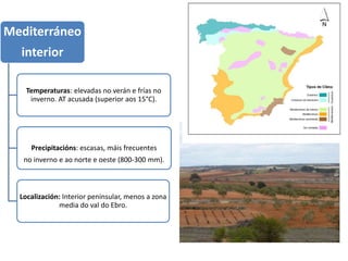 Mediterráneo
interior
Temperaturas: elevadas no verán e frías no
inverno. AT acusada (superior aos 15°C).
Precipitacións: escasas, máis frecuentes
no inverno e ao norte e oeste (800-300 mm).
Localización: Interior peninsular, menos a zona
media do val do Ebro.
 