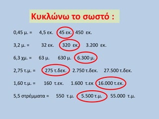 Κυκλώνω το σωστό :
0,45 μ. = 4,5 εκ. 45 εκ. 450 εκ.
3,2 μ. = 32 εκ. 320 εκ. 3.200 εκ.
6,3 χμ. = 63 μ. 630 μ. 6.300 μ.
2,75 τ.μ. = 275 τ.δεκ. 2.750 τ.δεκ. 27.500 τ.δεκ.
1,60 τ.μ. = 160 τ.εκ. 1.600 τ.εκ 16.000 τ.εκ.
5,5 στρέμματα = 550 τ.μ. 5.500 τ.μ. 55.000 τ.μ.
 