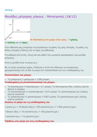 sainia.gr
Μονάδες μέτρησης μήκους : Μετατροπές (18/12)
Οι διαστάσεις στο χώρο είναι τρεις : Τομήκος,
το πλάτος και το ύψος.
Στην αίθουσά μας μπορούμε να μετρήσουμε το μήκος της μιας πλευράς, το μήκος της
άλλης πλευράς (πλάτος) και το ύψος της αίθουσας.
Για καθεμιά από αυτές, όπως και για καθετί που μετριέται χρειαζόμαστε μια μονάδα
μέτρησης.
Αυτή η μονάδα είναι το μέτρο (μ.).
Με το μέτρο μετρούμε μήκος. Ανάλογα μ' αυτό που θέλουμε να μετρήσουμε,
χρησιμοποιούμε είτε το ίδιο το μέτρο είτε πολλαπλάσιά του είτε υποδιαιρέσεις του.
Πολλαπλάσιο του μέτρου
 Το χιλιόμετρο (1 χιλιόμετρο = 1.000 μέτρα)
Υποδιαιρέσεις (ή υποπολλαπλάσια) του μέτρου
 Το δεκατόμετρο (1 δεκατόμετρο = 0,1 μέτρα). Το δεκατόμετρο (δεκ.) αλλιώς λέγεται
δέκατο ή παλάμη.
 Το εκατοστόμετρο (1 εκατοστόμετρο = 0,01 μέτρα). Το εκατοστόμετρο (εκ.) αλλιώς
λέγεται εκατοστό.
 Το χιλιοστόμετρο (1 χιλιοστόμετρο = 0,001 μέτρα). Το χιλιοστόμετρο (χιλ.) αλλιώς
λέγεται χιλιοστό.
Αναλύω το μέτρο και τις υποδιαιρέσεις του
1 μέτρο (μ.) = 10 δέκατα (δεκ.)= 100 εκατοστά (εκ.) = 1.000 χιλιοστά (χιλ.)
1 δέκατο (δεκ.) = 10 εκατοστά (εκ.) = 100 χιλιοστά (χιλ.)
1 εκατοστό (εκ.) = 10 χιλιοστά (χιλ.)
Ταξιδεύω στο μέτρο και στις υποδιαιρέσεις του
 