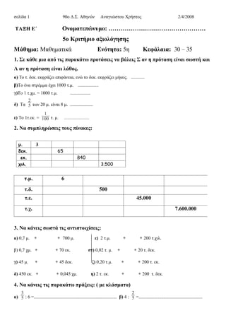 σελίδα 1 90ο Δ.Σ. Αθηνών Αναγνώστου Χρήστος 2/4/2008
ΤΑΞΗ Ε΄ Ονοματεπώνυμο: …………………………………………
5o Κριτήριο αξιολόγησης
Μάθημα: Μαθηματικά Ενότητα: 5η Κεφάλαια: 30 – 35
1. Σε κάθε μια από τις παρακάτω προτάσεις να βάλεις Σ αν η πρόταση είναι σωστή και
Λ αν η πρόταση είναι λάθος.
α) Το τ. δεκ. εκφράζει επιφάνεια, ενώ το δεκ. εκφράζει μήκος. ............
β)Το ένα στρέμμα έχει 1000 τ.μ. ..................
γ)Το 1 τ.χμ. = 1000 τ.μ. ..................
δ) Τα
2
5 των 20 μ. είναι 8 μ. ....................
ε) Το 1τ.εκ. =
1
100 τ. μ. ......................
2. Να συμπληρώσεις τους πίνακες:
μ. 3
δεκ. 65
εκ. 840
χιλ. 3.500
τ.μ. 6
τ.δ. 500
τ.ε. 45.000
τ.χ. 7.600.000
3. Να κάνεις σωστά τις αντιστοιχίσεις:
α) 0,7 μ. ◈ ◈ 700 μ. ε) 2 τ.μ. ◈ ◈ 200 τ.χιλ.
β) 0,7 χμ. ◈ ◈ 70 εκ. στ) 0,02 τ. μ. ◈ ◈ 20 τ. δεκ.
γ) 45 μ. ◈ ◈ 45 δεκ. ζ) 0,20 τ.μ. ◈ ◈ 200 τ. εκ.
δ) 450 εκ. ◈ ◈ 0,045 χμ. η) 2 τ. εκ. ◈ ◈ 200 τ. δεκ.
4. Να κάνεις τις παρακάτω πράξεις: ( με κλάσματα)
α)
3
5 : 6 =......................................................................... β) 4 :
2
5 =........................................................
 