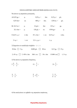 Μιχαηλίδης Δημήτριος
ΕΠΑΝΑΛΗΠΤΙΚΟ ΑΞΙΟΛΟΓΗΣΗΣ (ΚΕΦΑΛΑΙΑ 30-35)
Να κάνετε τις παρακάτω μετατροπές.
Α) 0,25 χμ.= μ. 0,25 μ. = δεκ. 0,15 μ.= χιλ.
0,55 δεκ= εκ. 800 μ = δεκ. 1250 εκ. = χιλ.
Β) 62,5 εκ = μ. 16 χιλ.= δεκ 125 μ.= χμ.
25,1 δεκ = μ. 120 χιλ. = εκ. 8750 χμ= μ.
Γ)2,45 τ. μ.= τ. δεκ 55 τ. δεκ = τ. εκ 0,35 τμ = τ.δεκ.
2 τ.μ = τ. εκ 3,5 τ. χ .μ = τ. μ.
2) Σημειώνω το κατάλληλο σύμβολο >, < , =.
50 δεκ 5 μ. 0,800 χιλ. 80 εκ. 0,15 χμ. 15 μ
2, 45 τ.μ 2. 450 τ. δεκ 360 τ. εκ. 36 τ. δεκ 15.000 τ.εκ 1, 5 τ.μ
3) Να κάνετε τις παρακάτω διαιρέσεις.
3
7
6
:
2
9
= 15 :
5
3
= 21:
7
3
=
7
6
:
5
3
=
7
8
: 2
7
6
=
8
3
:
6
9
=
4) Να υπολογίσετε το εμβαδόν της παρακάτω επιφάνειας.
 