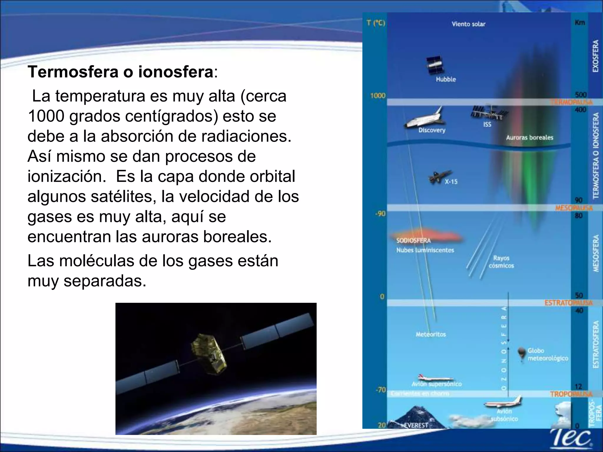 Termosfera o ionosfera:
La temperatura es muy alta (cerca
1000 grados centígrados) esto se
debe a la absorción de radiaciones.
Así mismo se dan procesos de
ionización. Es la capa donde orbital
algunos satélites, la velocidad de los
gases es muy alta, aquí se
encuentran las auroras boreales.
Las moléculas de los gases están
muy separadas.
 