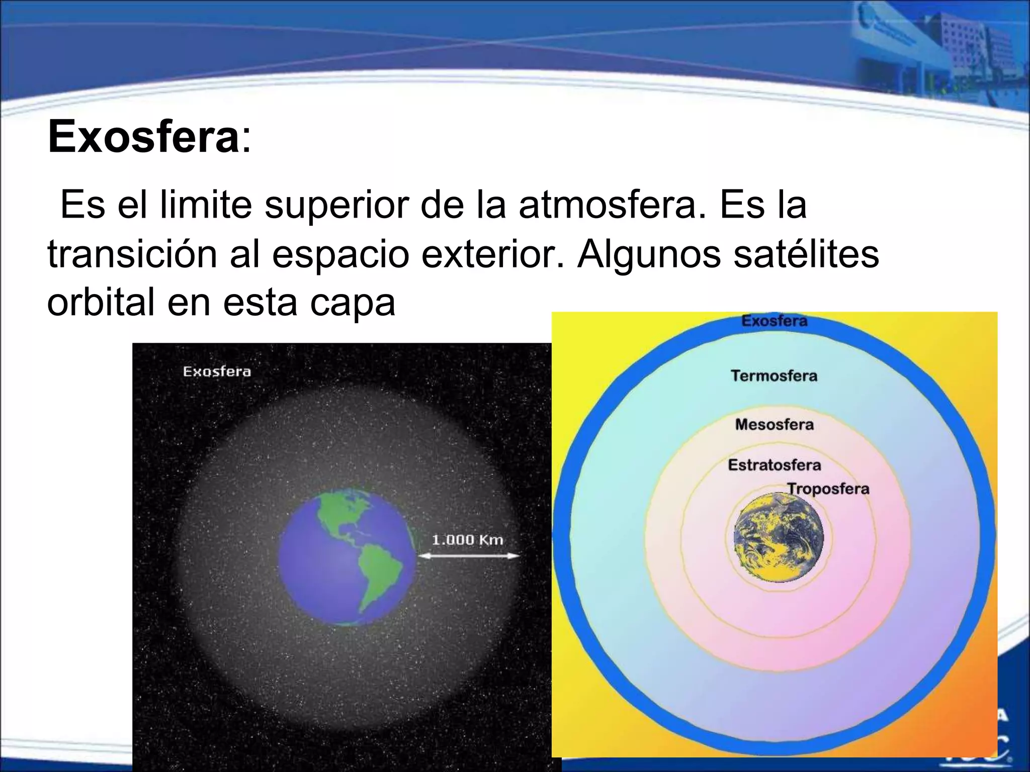 Exosfera:
Es el limite superior de la atmosfera. Es la
transición al espacio exterior. Algunos satélites
orbital en esta capa
 