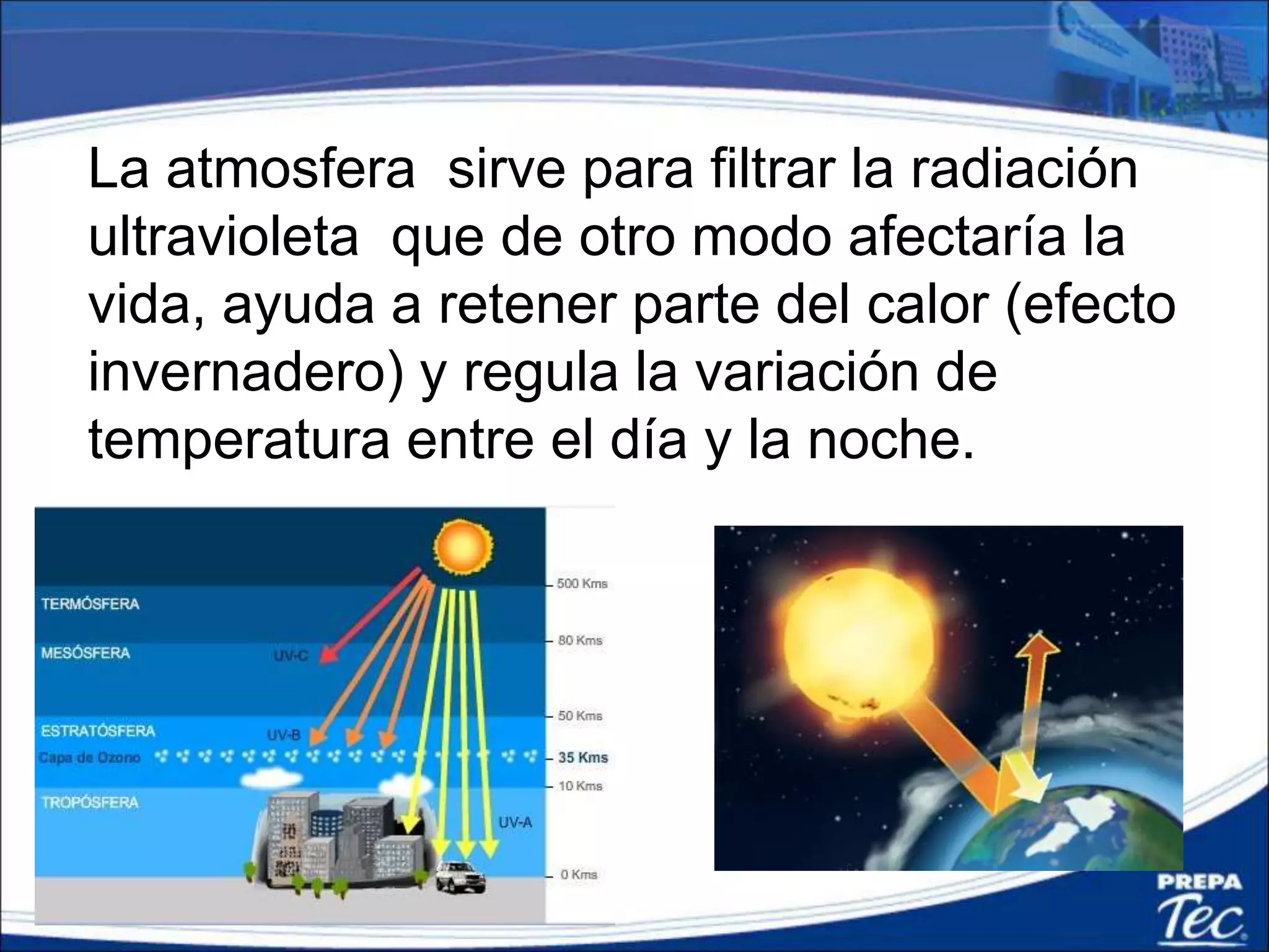 La atmosfera sirve para filtrar la radiación
ultravioleta que de otro modo afectaría la
vida, ayuda a retener parte del calor (efecto
invernadero) y regula la variación de
temperatura entre el día y la noche.
 
