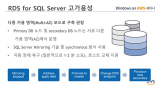 RDS for SQL Server 고가용성
다중 가용 영역(Multi-AZ) 모드로 구축 권장
• Primary DB 노드 및 secondary DB 노드는 서로 다른
가용 영역(AZ)에서 운영
• SQL Server Mirroring 기술 중 synchronous 방식 사용
• 자동 장애 복구 (일반적으로 1–2 분 소요), 호스트 교체 지원
Mirroring
stopped
Address
apply debt
Promote to
master
Change DNS
endpoint
Provision
new
secondary
 