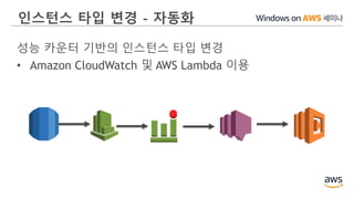 인스턴스 타입 변경 - 자동화
성능 카운터 기반의 인스턴스 타입 변경
• Amazon CloudWatch 및 AWS Lambda 이용
 