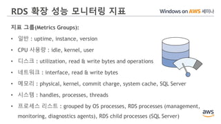 RDS 확장 성능 모니터링 지표
지표 그룹(Metrics Groups):
• 일반 : uptime, instance, version
• CPU 사용량 : idle, kernel, user
• 디스크 : utilization, read & write bytes and operations
• 네트워크 : interface, read & write bytes
• 메모리 : physical, kernel, commit charge, system cache, SQL Server
• 시스템 : handles, processes, threads
• 프로세스 리스트 : grouped by OS processes, RDS processes (management,
monitoring, diagnostics agents), RDS child processes (SQL Server)
 