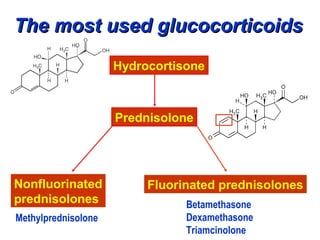 Hydrocortisone
Prednisolone
Nonfluorinated
prednisolones
Fluorinated prednisolones
Methylprednisolone
Betamethasone
Dexamethasone
Triamcinolone
The most used glucocorticoidsThe most used glucocorticoids
 