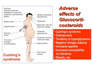 • Cushing’s syndrome
• Osteoporosis
• Tendency to hyperglycaemia
• Negative nitrogen balance
• Increased appetite
• Increased susceptibility
to infections
• Obesity, etc.
AdverseAdverse
effects ofeffects of
Glucocorti-Glucocorti-
costeroidscosteroids
Cushing’s
syndrome
 