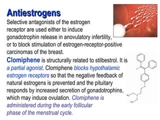 AntiestrogensAntiestrogens
Selective antagonists of the estrogen
receptor are used either to induce
gonadotrophin release in anovulatory infertility,
or to block stimulation of estrogen-receptor-positive
carcinomas of the breast.
Clomiphene is structurally related to stilbestrol. It is
a partial agonist. Clomiphene blocks hypothalamic
estrogen receptors so that the negative feedback of
natural estrogens is prevented and the pituitary
responds by increased secretion of gonadotrophins,
which may induce ovulation. Clomiphene is
administered during the early follicular
phase of the menstrual cycle.
 