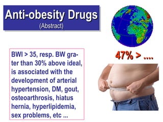 BWI > 35, resp. BW gra-
ter than 30% above ideal,
is associated with the
development of arterial
hypertension, DM, gout,
osteoarthrosis, hiatus
hernia, hyperlipidemia,
sex problems, etc ...
47% > ....47% > ....
Anti-obesity DrugsAnti-obesity Drugs
(Abstract)(Abstract)
Anti-obesity DrugsAnti-obesity Drugs
(Abstract)(Abstract)
 