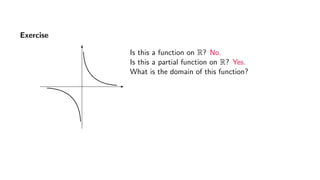 Exercise
Is this a function on R? No.
Is this a partial function on R? Yes.
What is the domain of this function?
 