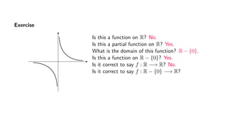 Exercise
Is this a function on R? No.
Is this a partial function on R? Yes.
What is the domain of this function? R − {0}.
Is this a function on R − {0}? Yes.
Is it correct to say f : R −→ R? No.
Is it correct to say f : R − {0} −→ R?
 
